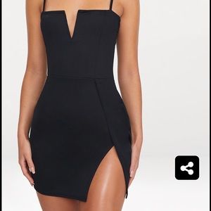 Pretty Little Thing black plunge thigh slit dress